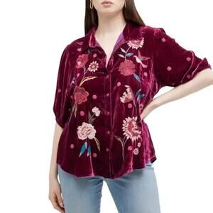Johnny Was Junia Red Velvet Lisbon Shirt Embroider Boysenberry Size Large